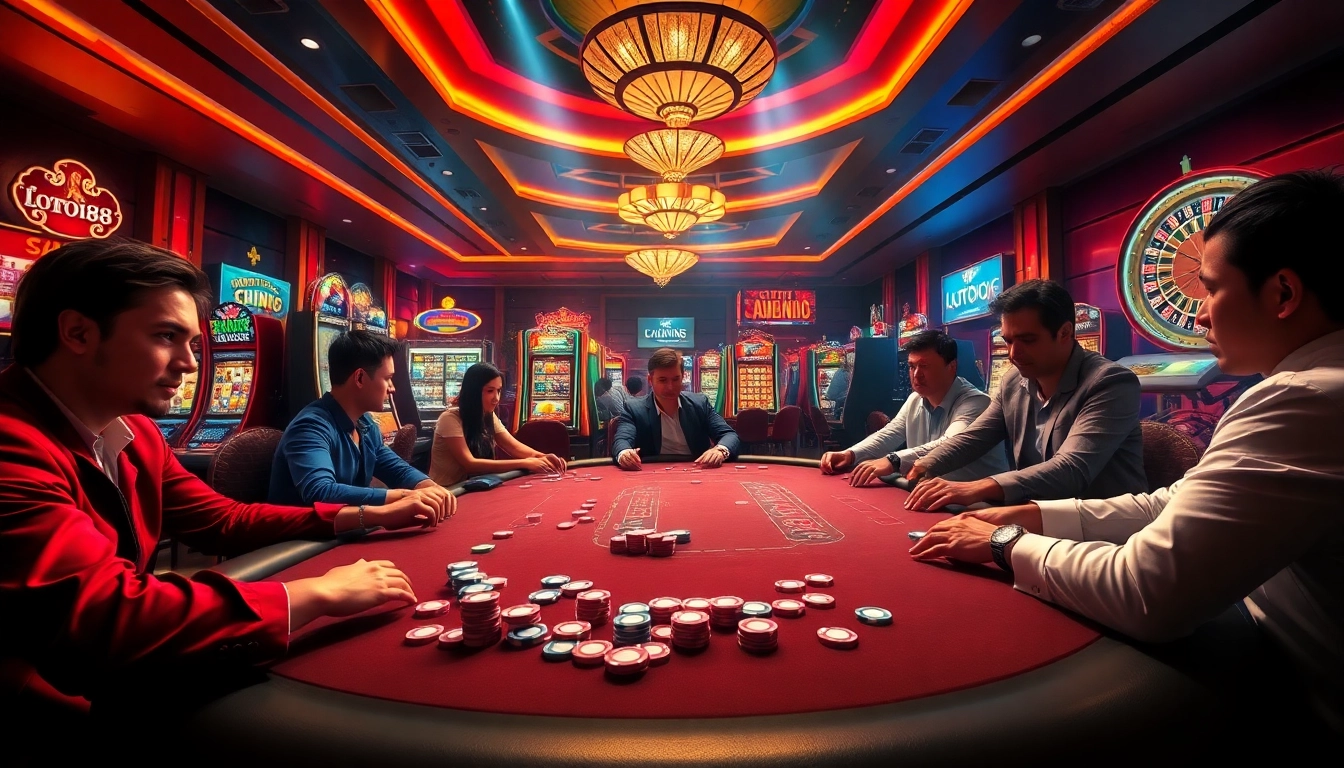 Exciting scene of Loto188 poker players at a vibrant casino table.